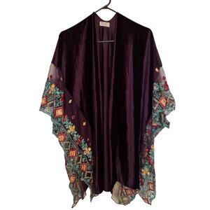 Tamsy Velvet Kimono Floral Embroidered Sleeve Women OS Boho Hippie Festival